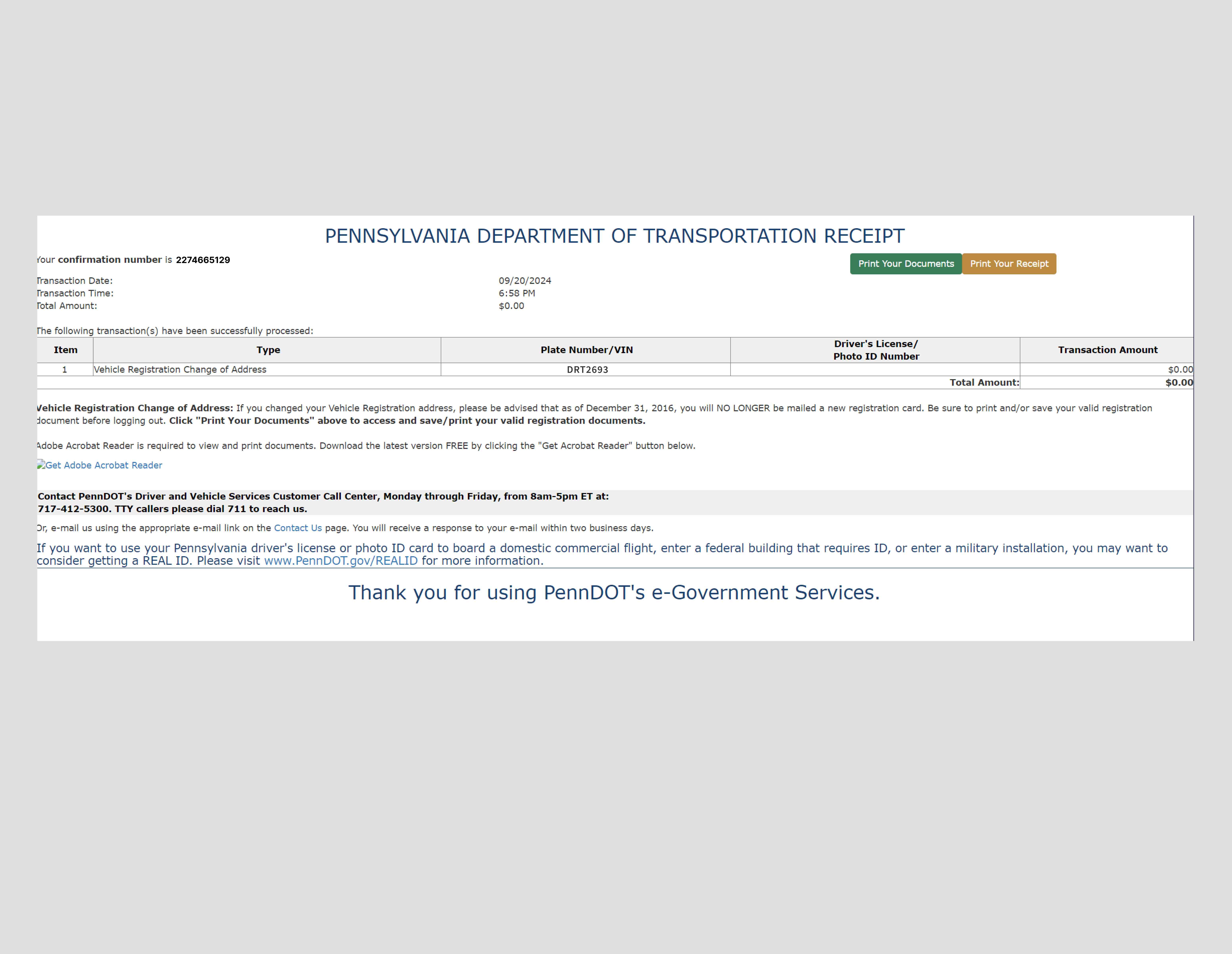 Old PennDOT receipt page